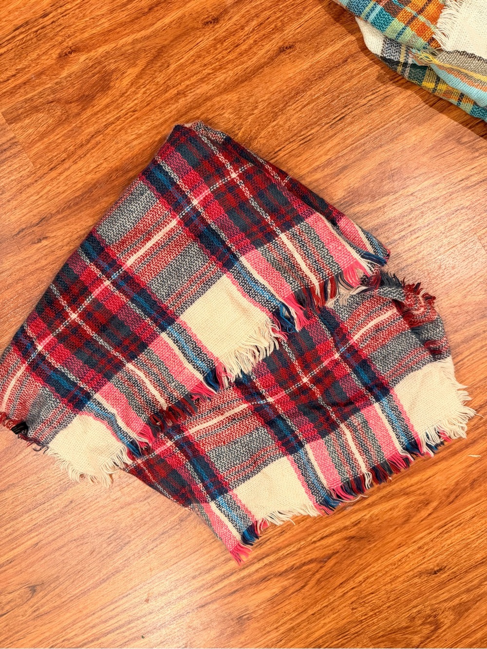 Woven Plaid Women’s Blanket Scarf or Shawl in Pink and Cream